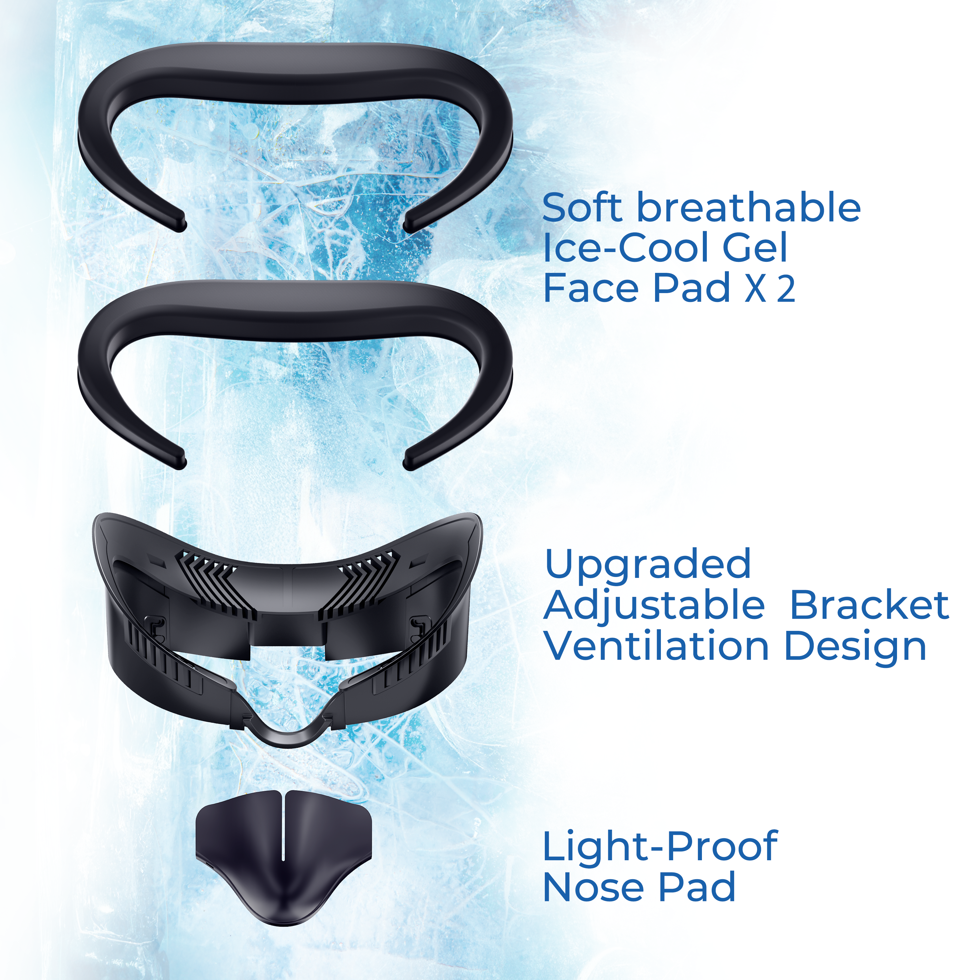 DESTEK Cooling Face Pad Facial Interface Compatible with Meta/Oculus Quest 3, Includes Two Replacement Ice Silk and Cool Ice Gel Face Cushions – Adjustable Bracket and Glasses-Friendly Design