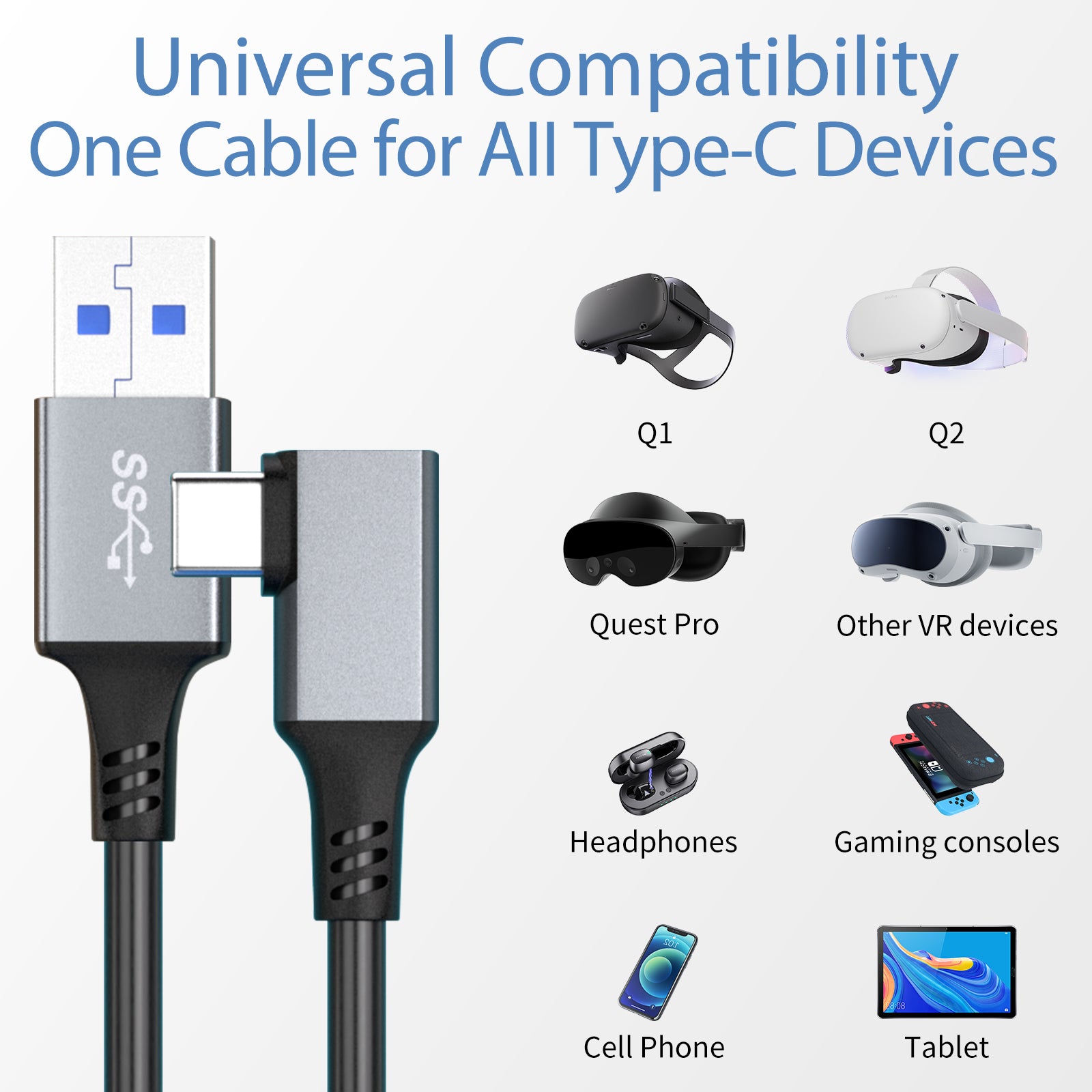 Link Cable Compatible with Oculus Quest 3/Quest 2,High Speed PC Data  Transfer, USB 3.0 to USB C Cable for VR Headset and Gaming PC (16FT)
