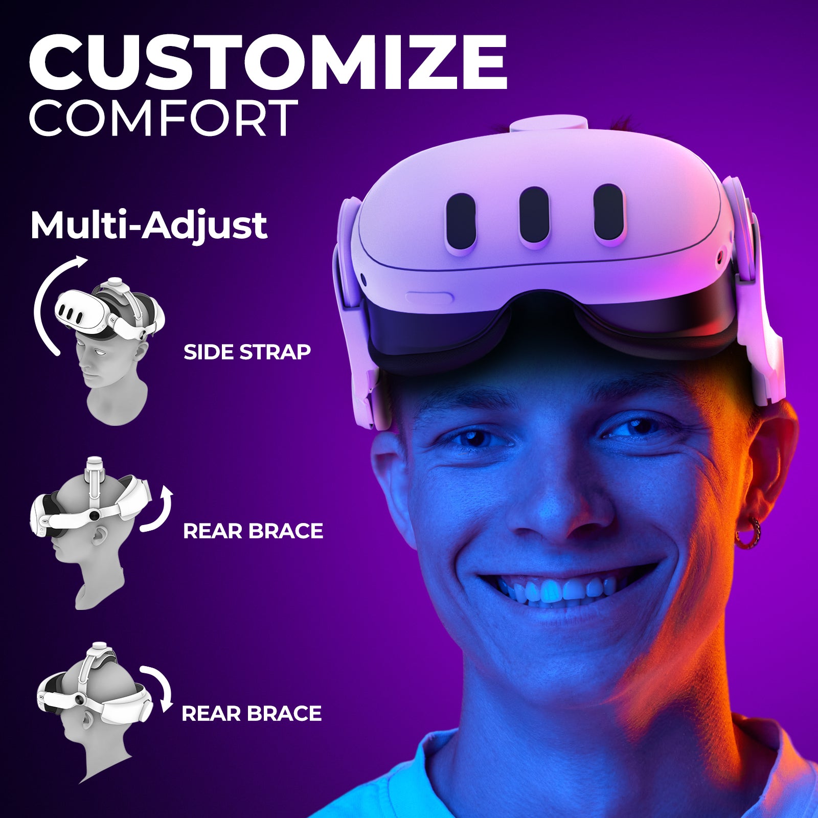 QH3 Pressure-Free Head Strap: Enhance Comfort with Added Top-Fit Adjustment - Compatible with Oculus/Meta Quest 3; Balances Weight at 3 Angles