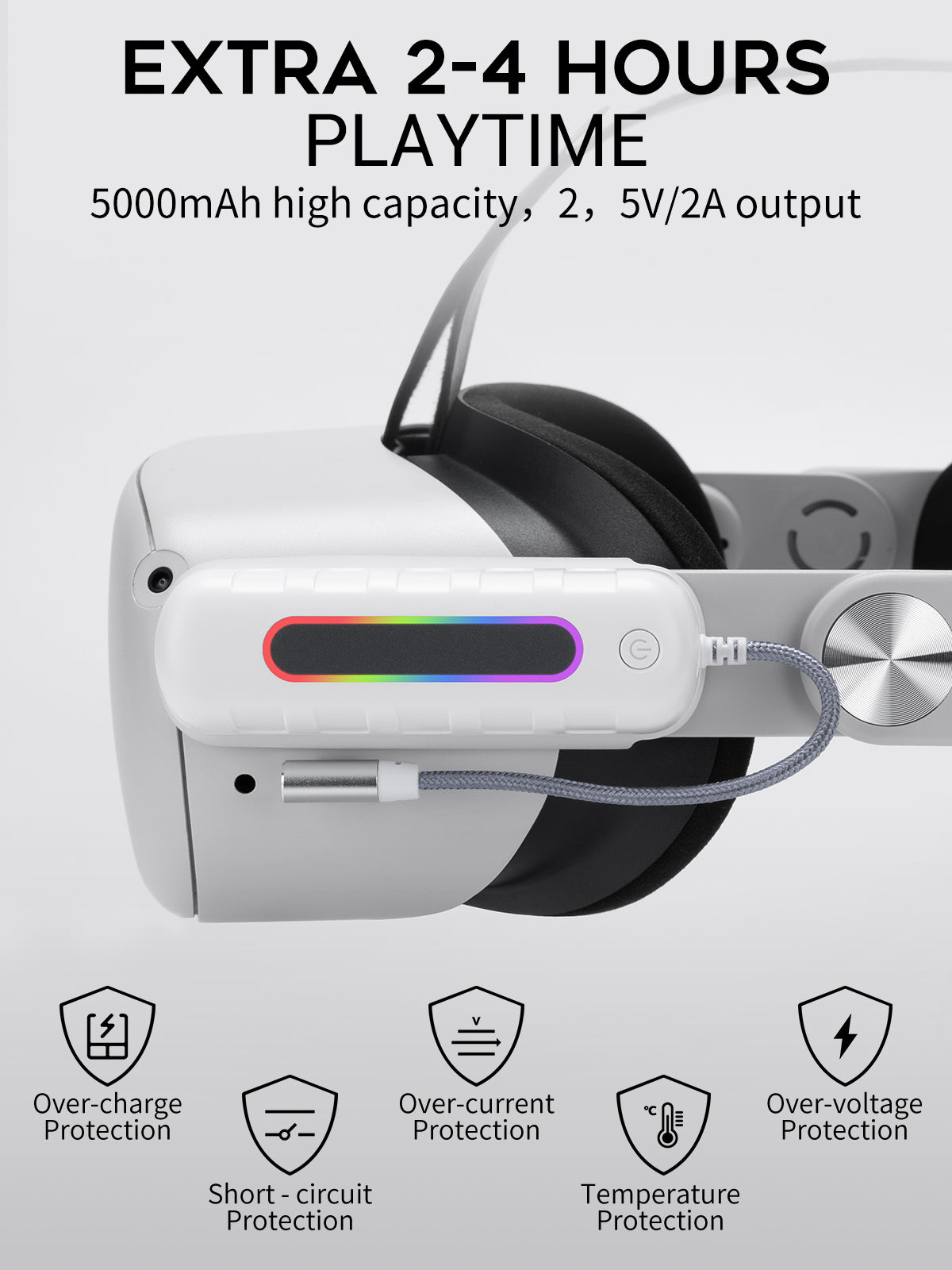 5000mAh Battery Pack for Meta/Oculus Quest 2, Fast Charging Power Bank with RGB Light, Ultra Lightweight Portable Compatible with Most Head Straps, Extra 2-4H Playtime